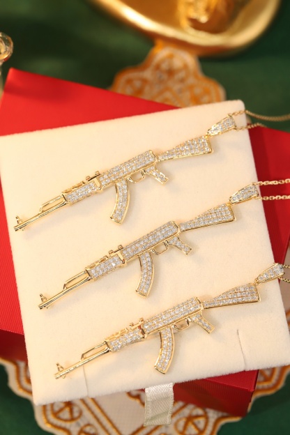 18k Gold Necklace, Hip-Hop Style, West Coast Design, “Golden AK47” Theme, with a 0.68ct Natural Diamond
