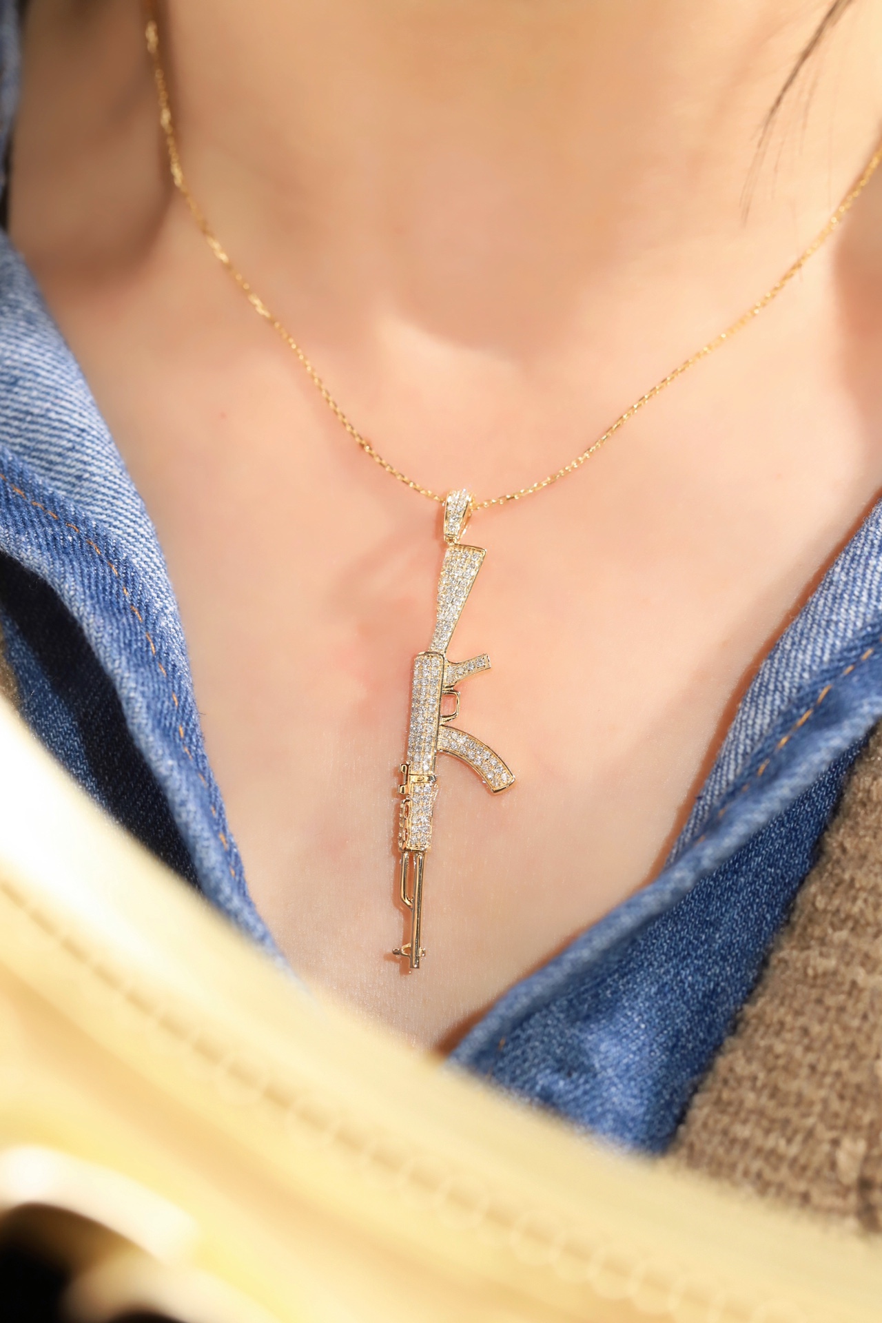 18k Gold Necklace, Hip-Hop Style, West Coast Design, “Golden AK47” Theme, with a 0.68ct Natural Diamond