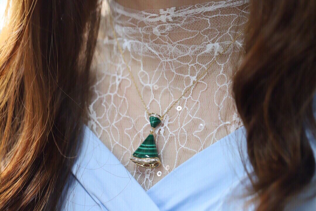 18k gold necklace with mini-dress design; features agate, turquoise, and a 0.30ct natural diamond