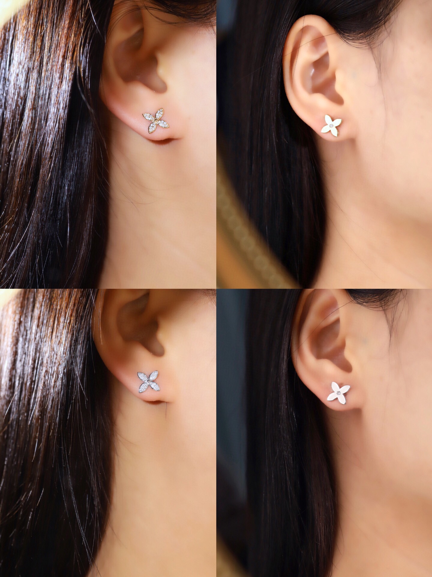 18k Gold Diamond Earrings with Clover Design, Natural Diamond 0.12ct