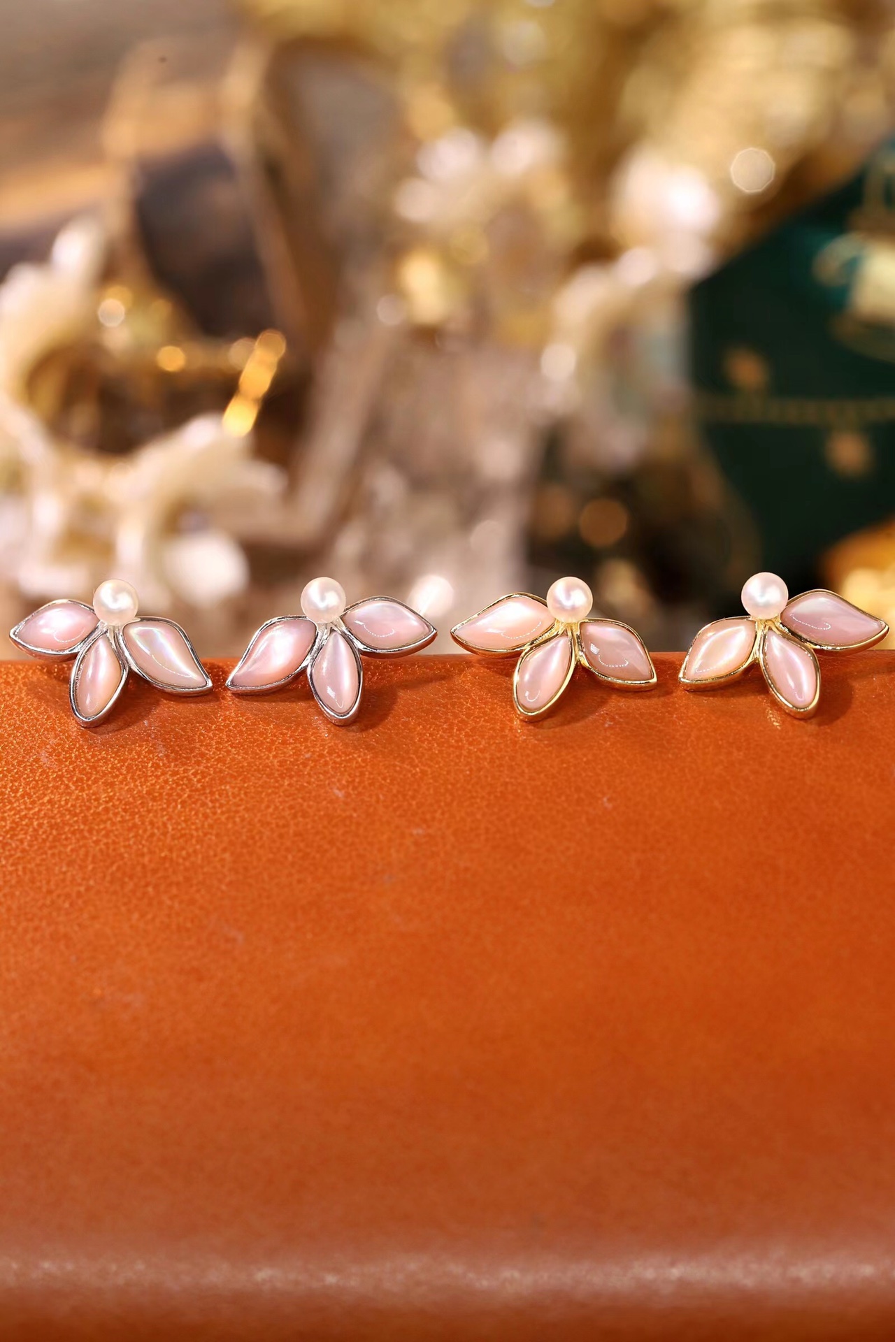 18k gold earrings, pearl earrings, mother-of-pearl, shells