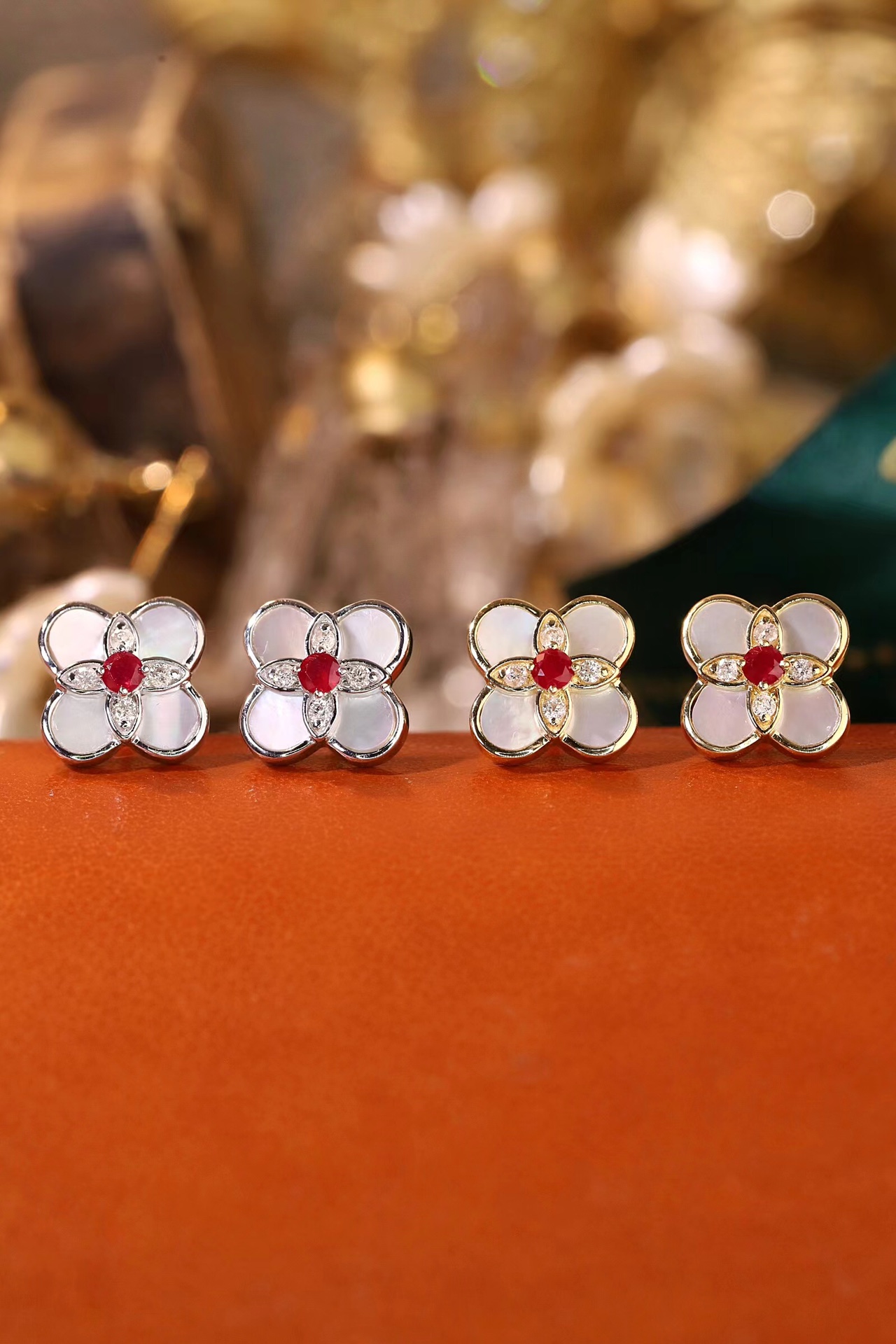 18k Gold Diamond Earrings, Ruby Earrings, 0.18ct