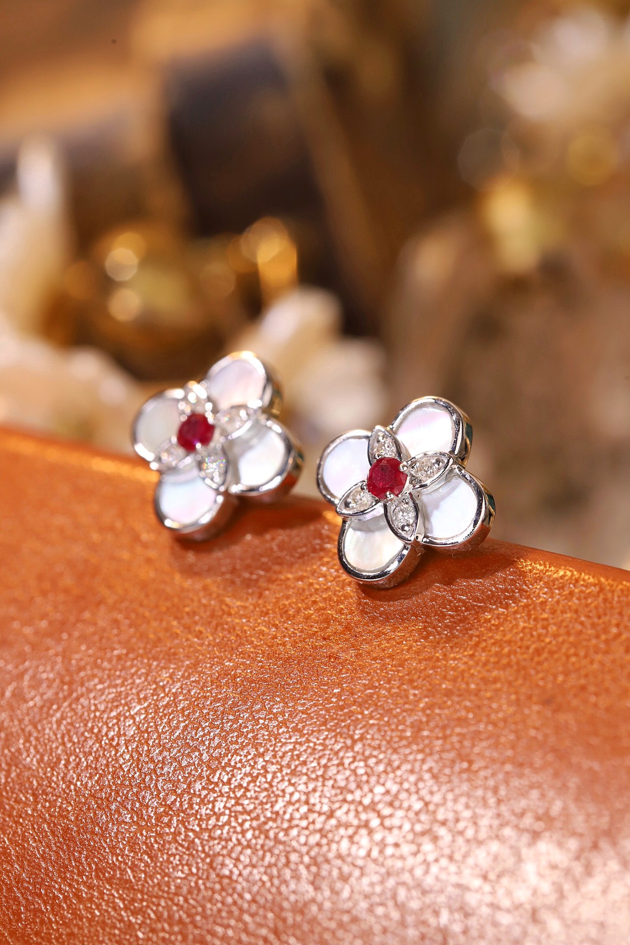18k Gold Diamond Earrings, Ruby Earrings, 0.18ct