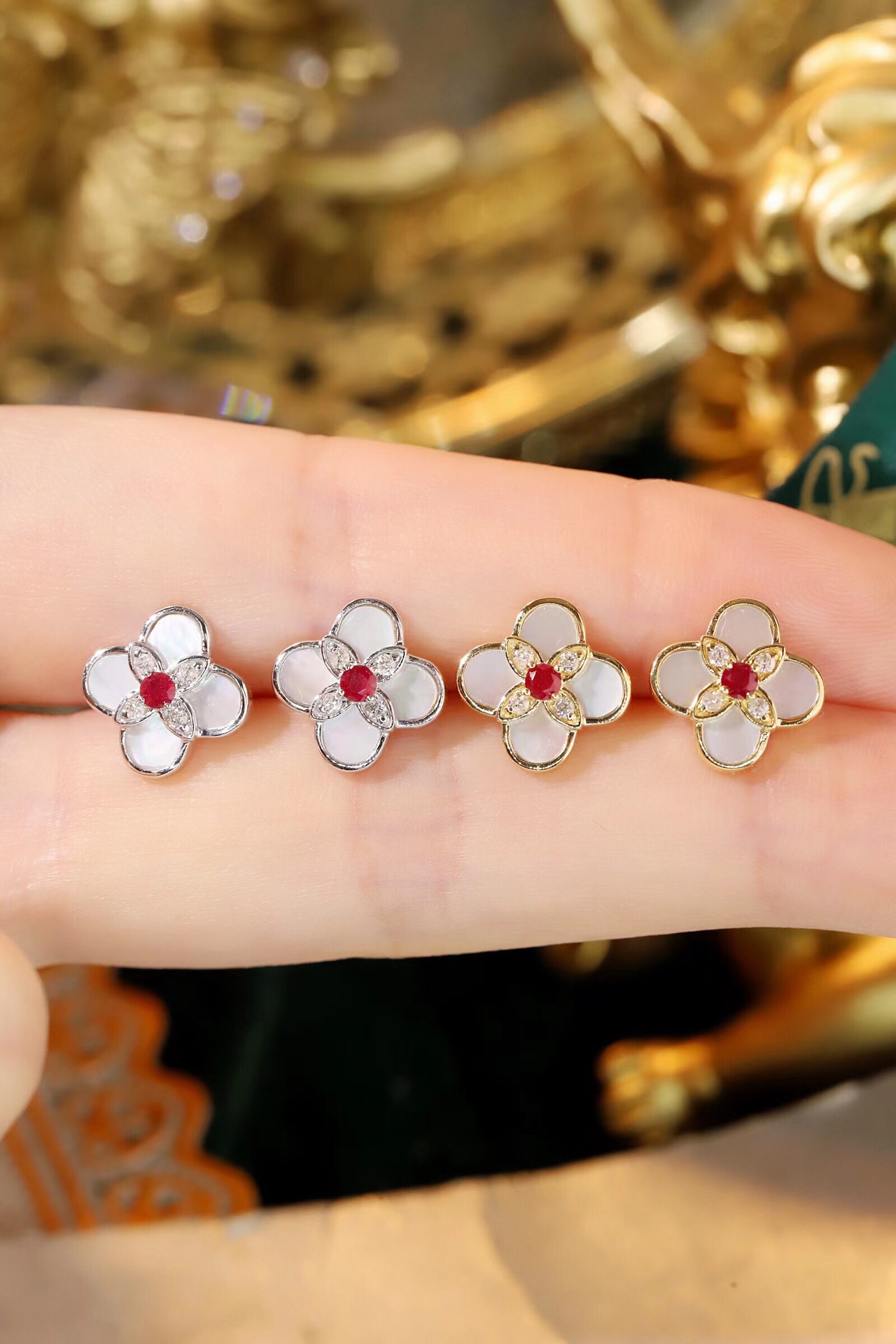 18k Gold Diamond Earrings, Ruby Earrings, 0.18ct