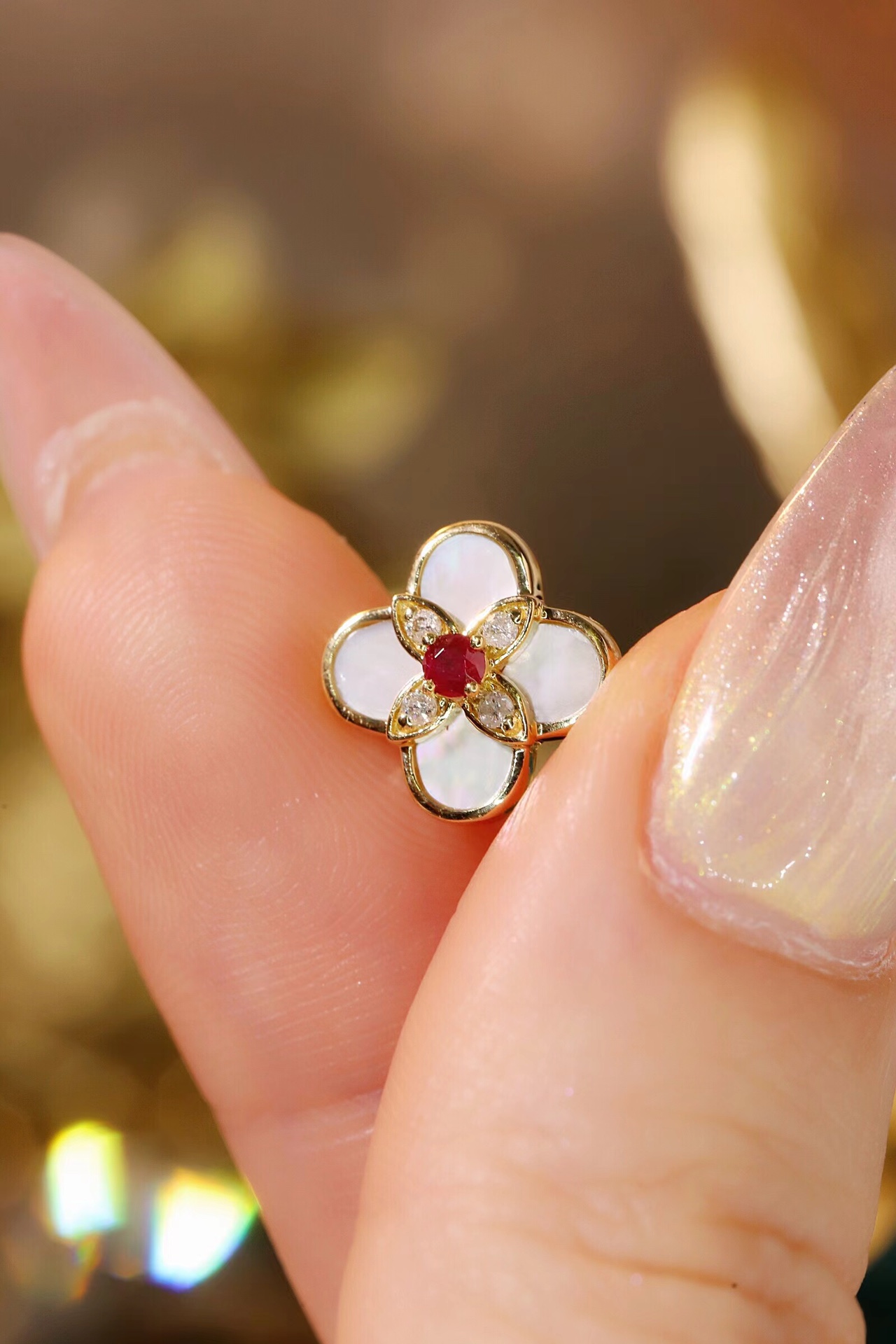 18k Gold Diamond Earrings, Ruby Earrings, 0.18ct