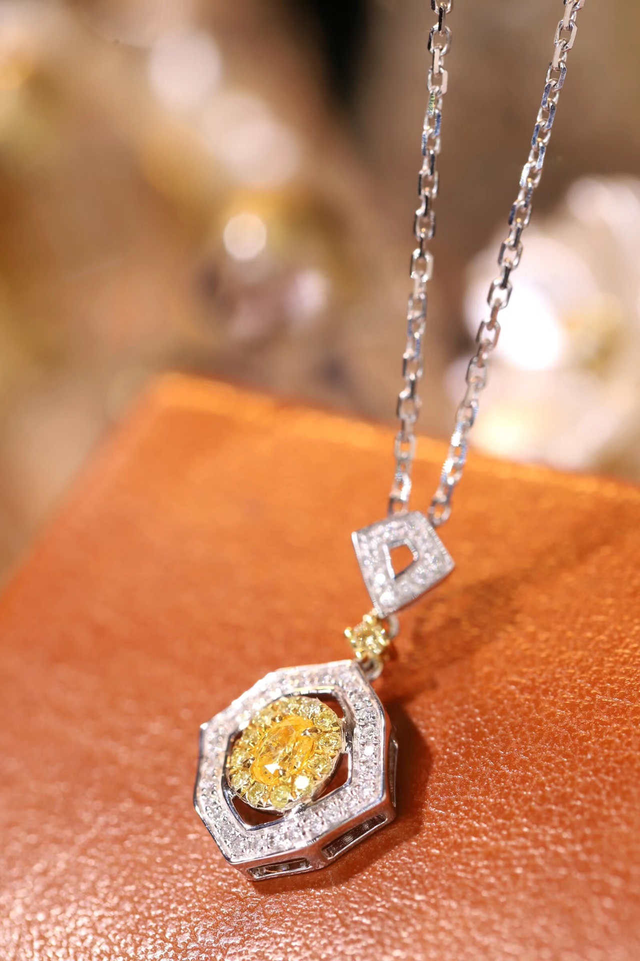 18k Gold Diamond Necklace with Yellow Diamonds, Natural Diamonds totaling 0.35ct