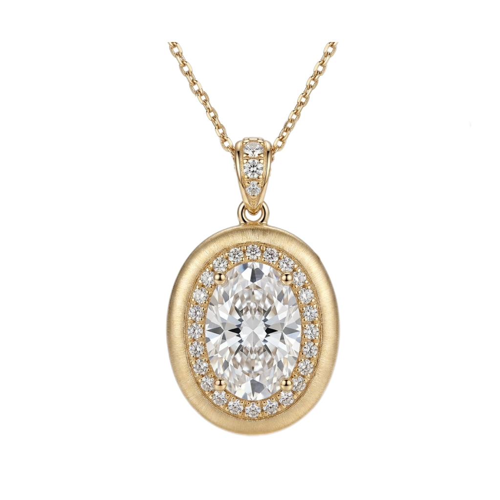 10k gold diamond necklace with a laboratory-grown diamond of 2.20 ct; the main stone is an oval-cut diamond weighing 2.0 ct, with a brushed finish.