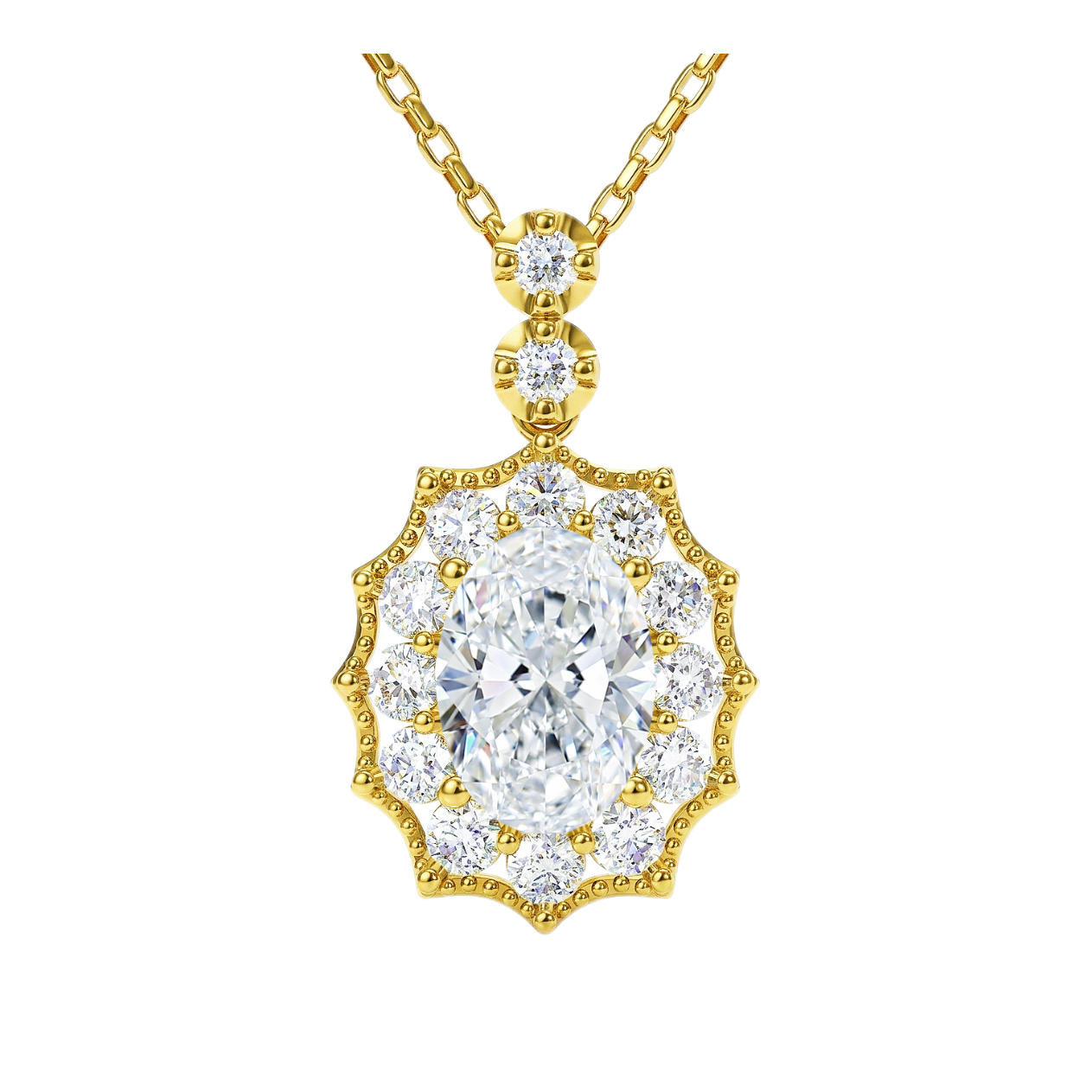 10k gold diamond necklace with a lab-grown diamond of 3.15ct; the main stone is an oval-cut diamond weighing 2.0ct