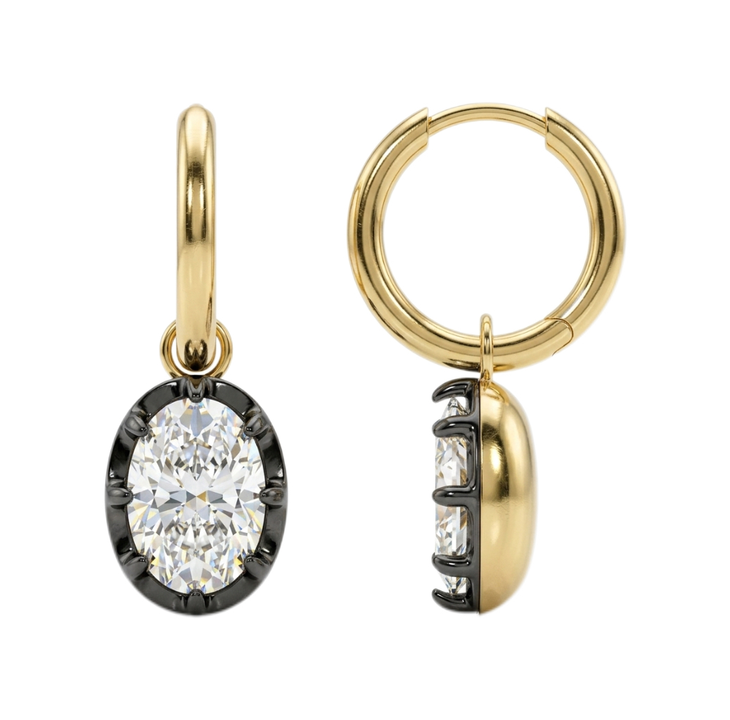 10k Gold Diamond Earrings with Black Gold Design, Oval Lab-Grown Diamond, 4.0ct