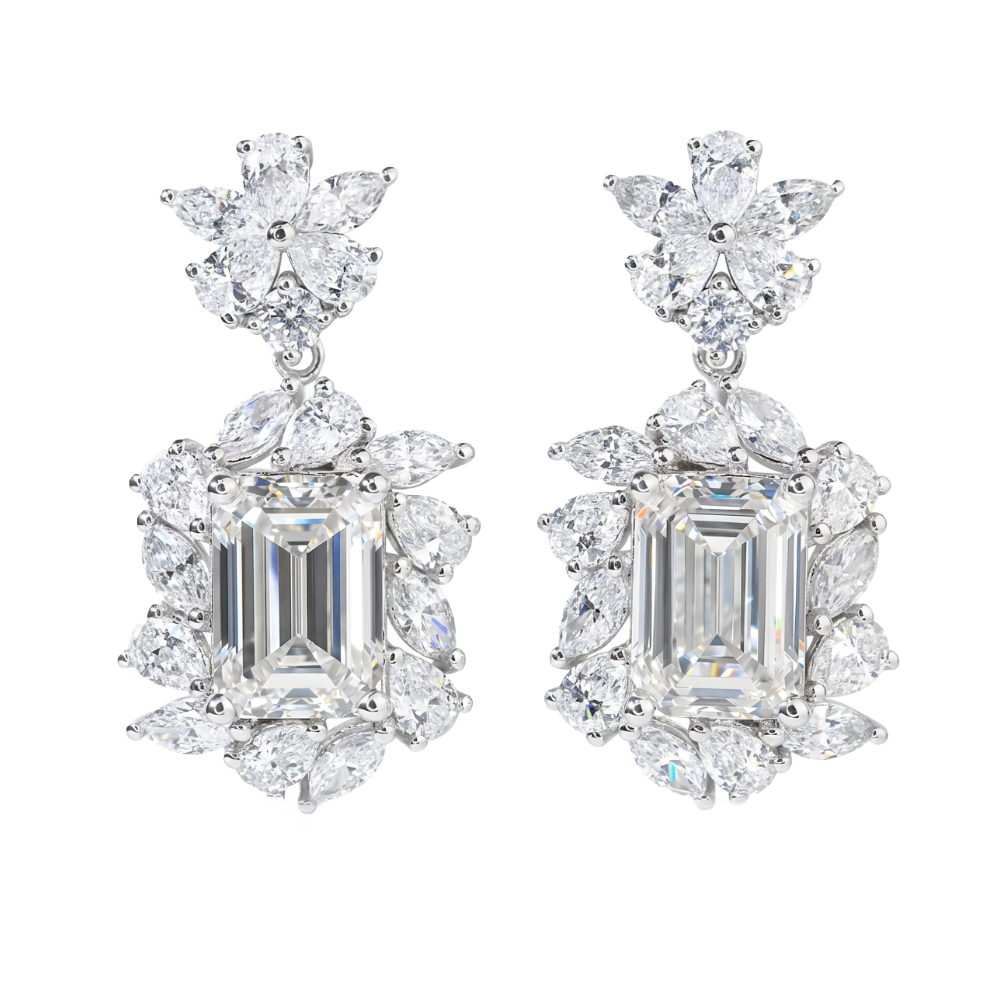 10k Gold Diamond Earrings with 6.50ct Emerald-Cut Cultured Diamonds