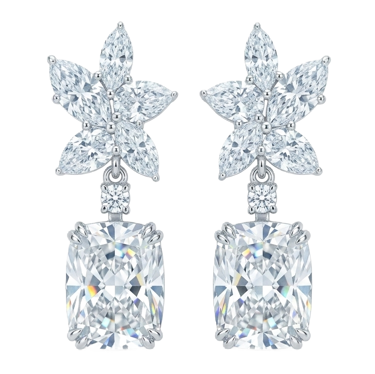10k Gold Diamond Earrings with 5.70ct Long Cushion-cut Cultured Diamonds