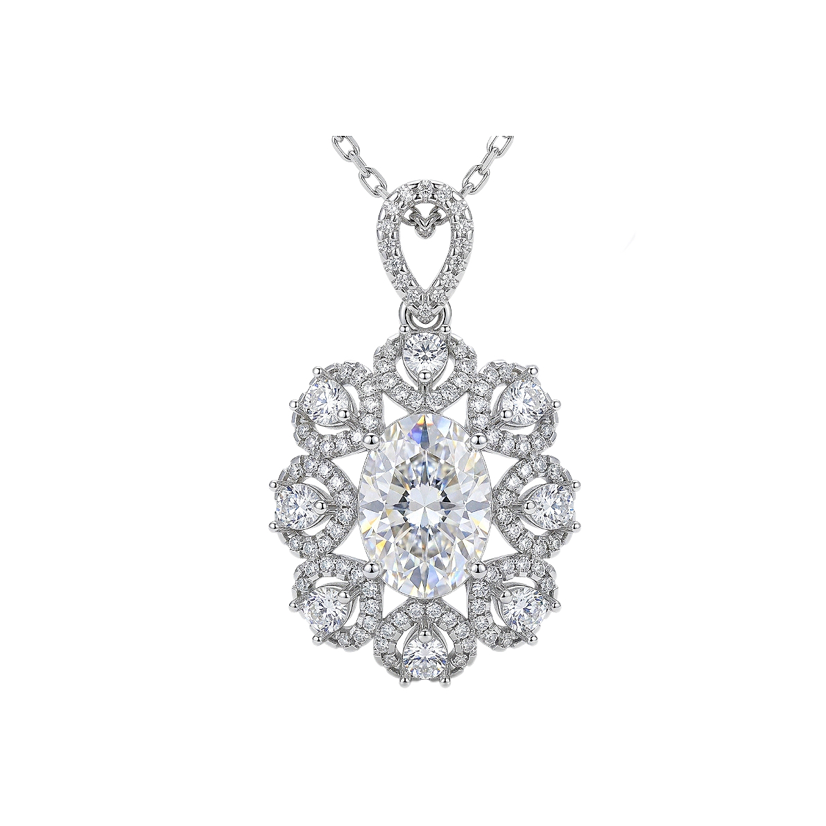 10k gold diamond necklace with a lab-grown diamond of 3ct; the main stone is an oval-cut diamond weighing 2.0ct