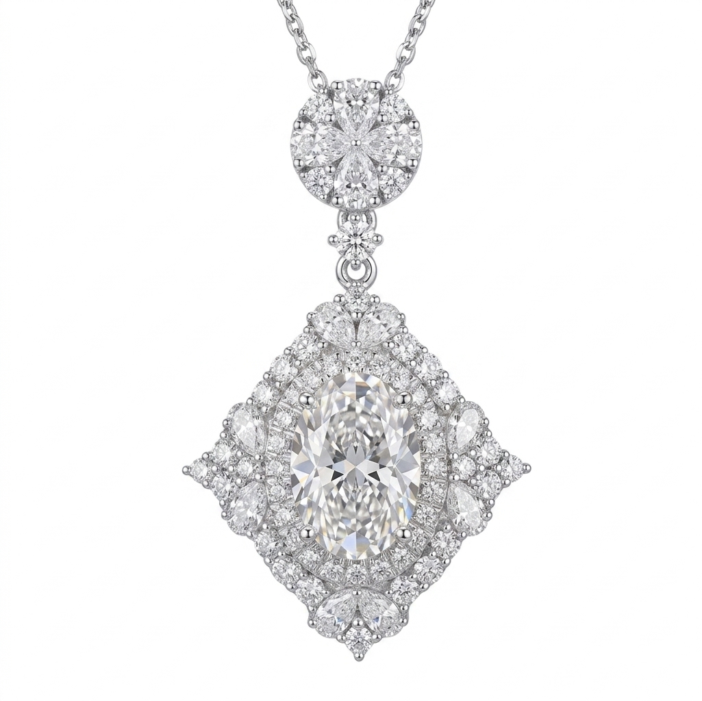 10k gold diamond necklace with a lab-grown diamond of 3.45ct; the main stone is an oval-cut diamond weighing 2.0ct