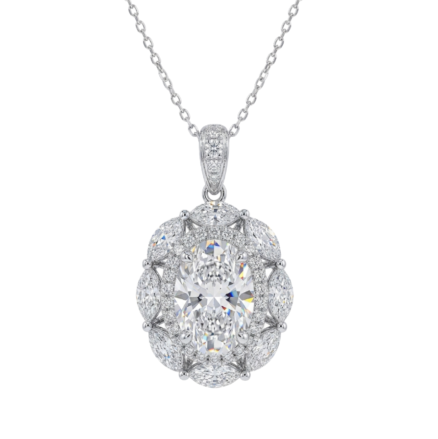 10k gold diamond necklace with a lab-grown diamond of 4.5ct; the main stone is an oval-cut diamond weighing 3.0ct