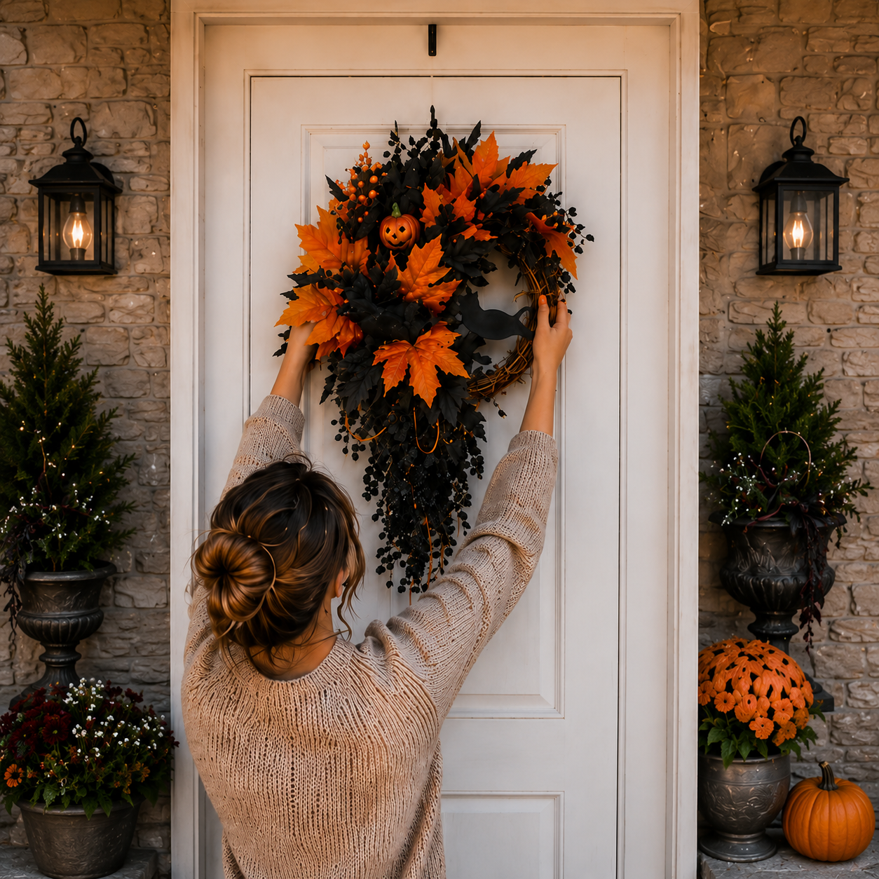 [Copy]🧙Premium Gothic Black Rose Witch Hat Wreath – Haunting Elegant Halloween Front Door Statement Decor