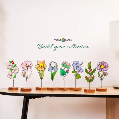 Birth Flower Plant Stake, Stained Glass Flowers Mother Day Gift