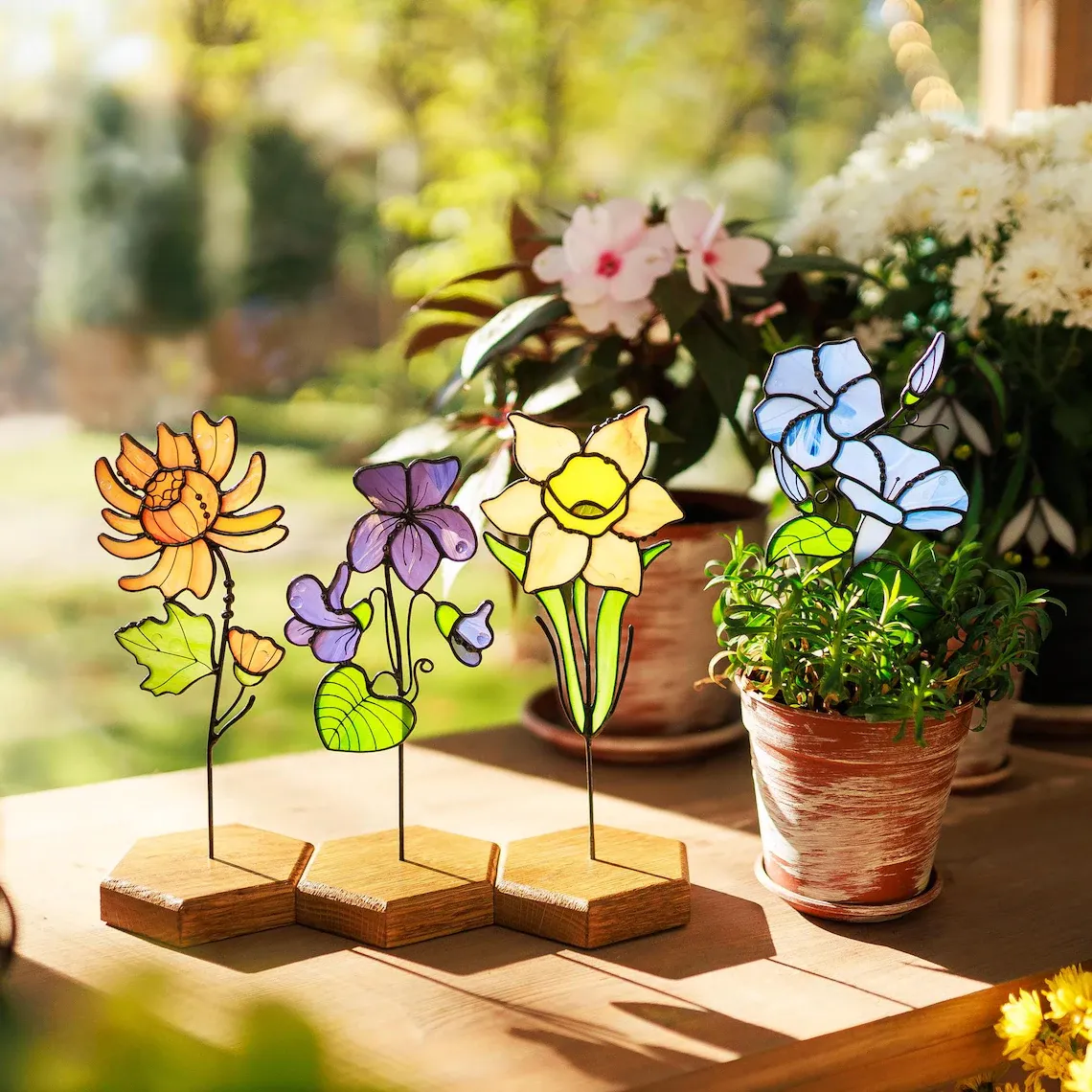Birth Flower Plant Stake, Stained Glass Flowers Mother Day Gift