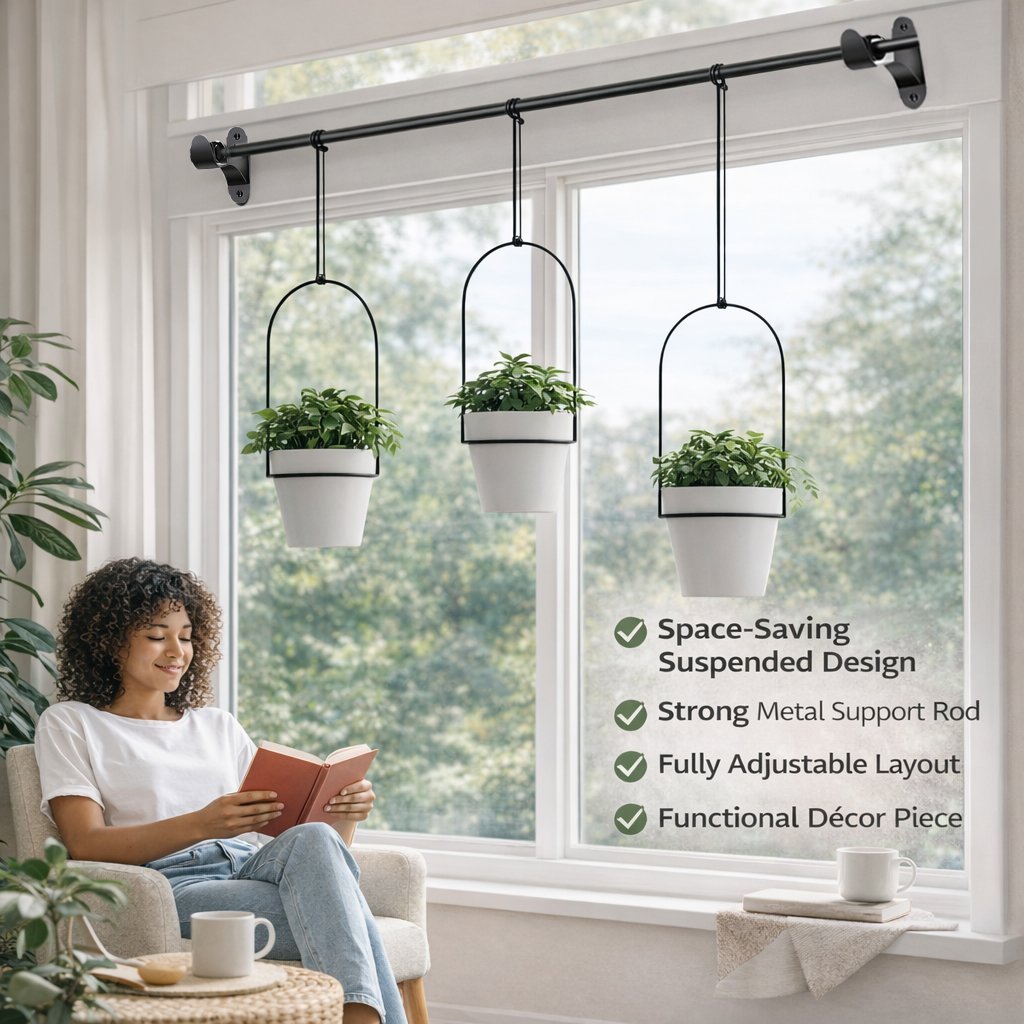 🌿Adjustable Hanging Window Planter Set – Metal Rod Plant Hanger with 3 Pots for Indoor & Outdoor Green Display