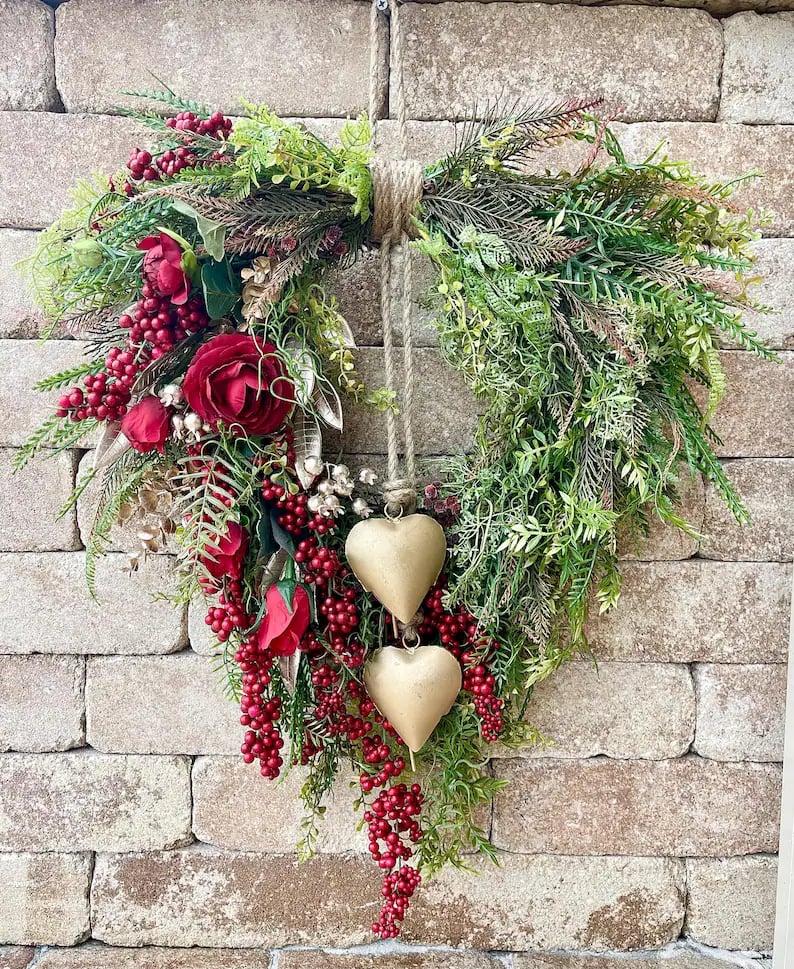 Farmhouse Valentine Heart Wreath: Gold Bells, Red Roses & Berries image 1
