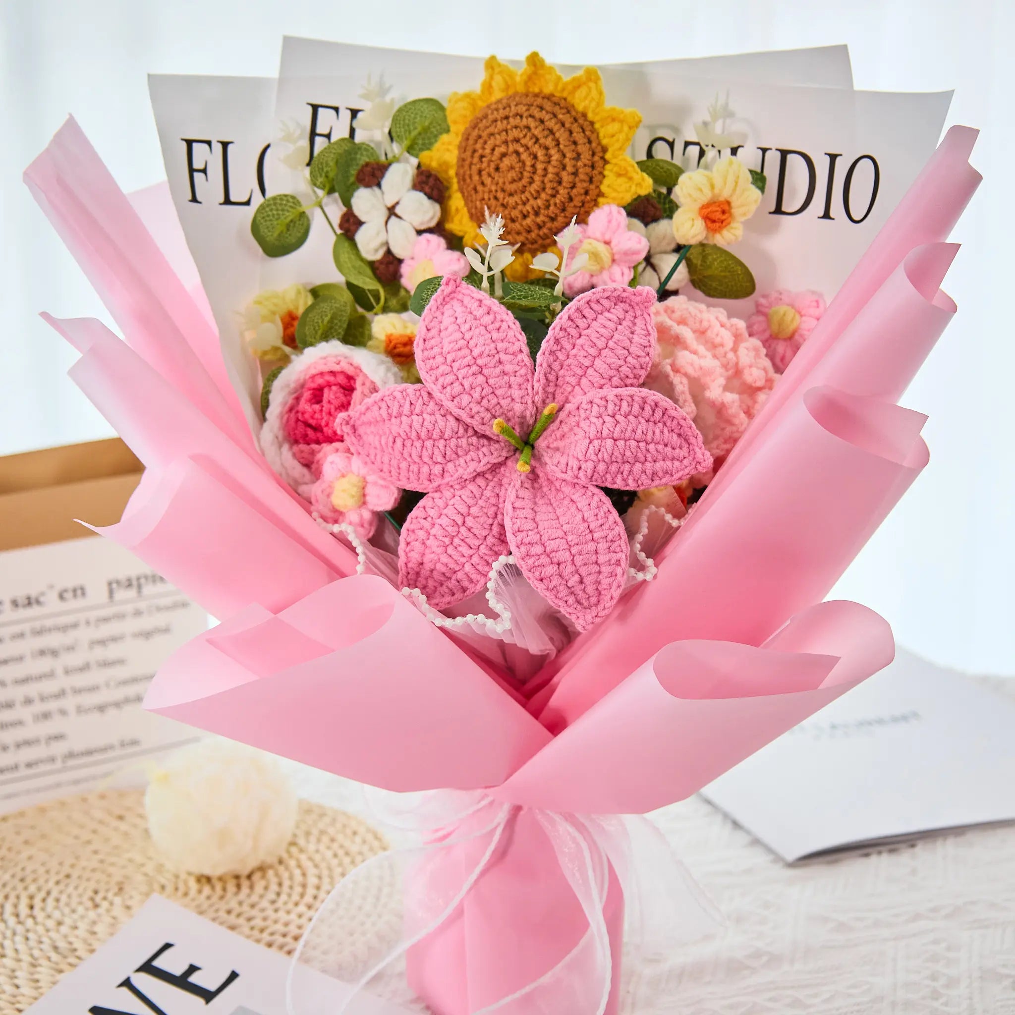 YSHomy Crochet Lily Sunflower Rose Carnation Bouquet-Pink