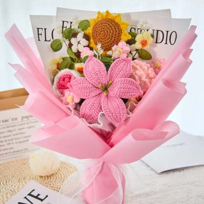 YSHomy Crochet Lily Sunflower Rose Carnation Bouquet-Pink