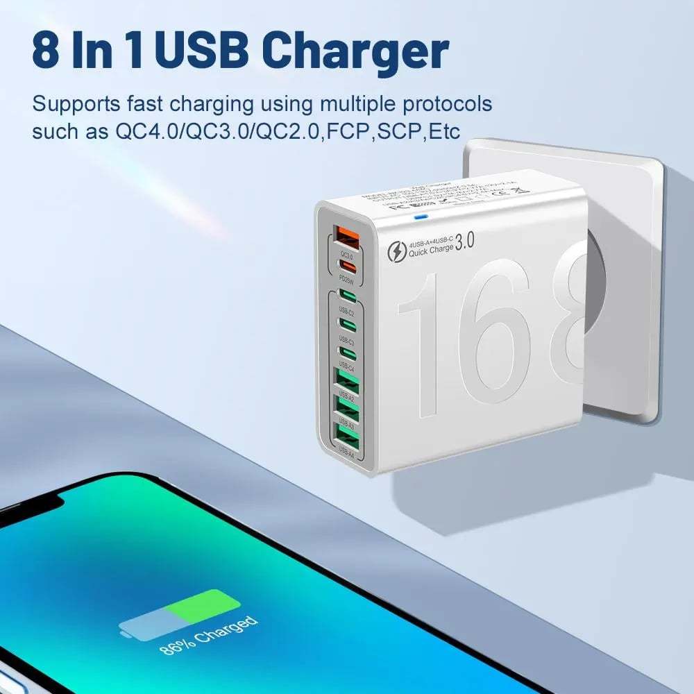 8-Port Smart USB-C & USB-A Fast Charging Hub for Phones & Tablets
