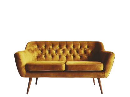 Divano due posti in velluto senape con gambe in legno massello 140x80x85 cm