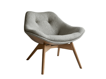 Poltrona in Tessuto Grigio e Legno di Quercia con Gambe Inclinate