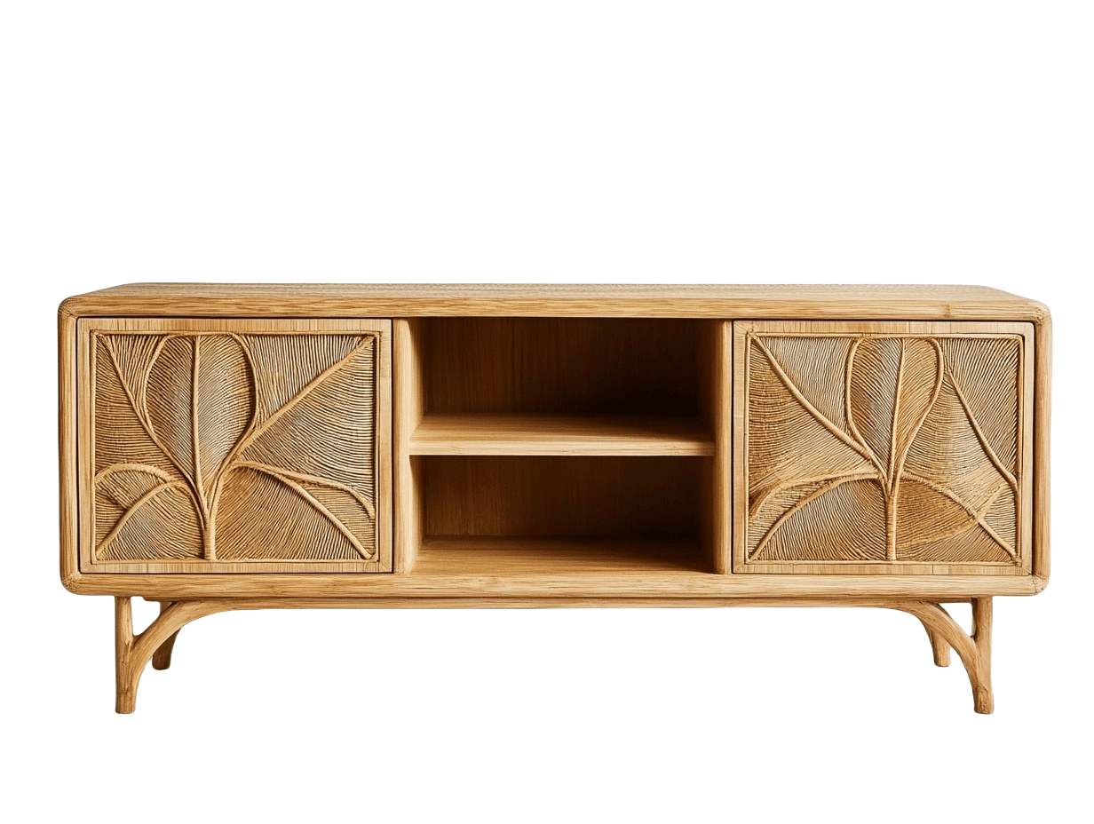 Mobile TV in legno massello Naturale con Intagli Decorativi a Forma di Foglia - 120x40x50 cm