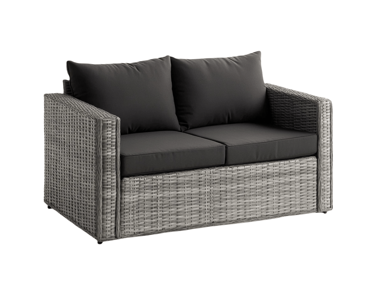 Divano a Due Posti in Rattan Sintetico Grigio Cuscini Neri Lunghezza 132 cm, Larghezza 76 cm, Altezza 80 cm