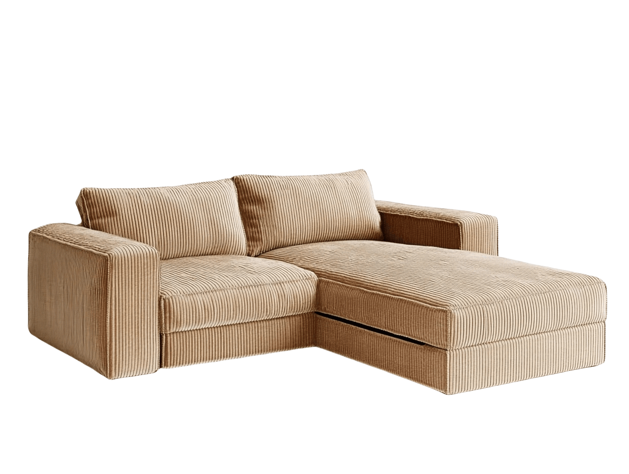 Divano angolare tessuto a coste beige con chaise longue 200x150x85 cm