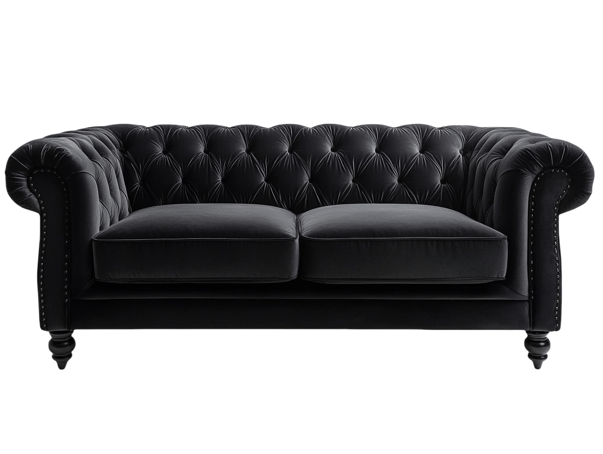 Divano Chesterfield in Velluto Nero con Dettagli Trapuntati, Larghezza 180 cm