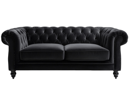 Divano Chesterfield in Velluto Nero con Dettagli Trapuntati, Larghezza 180 cm