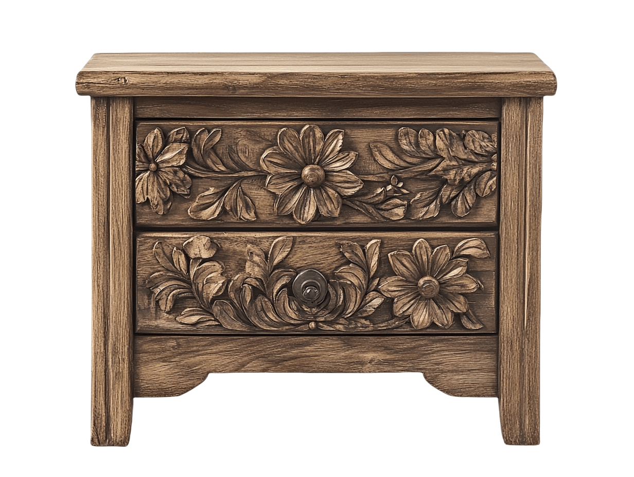 Comodino a Due Cassetti in Legno Massiccio con Incisioni Floreali