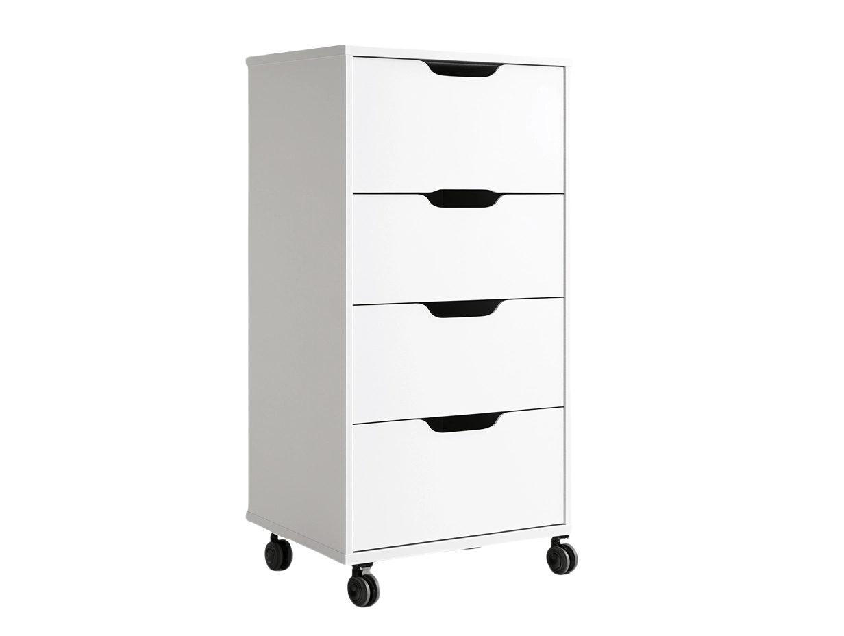 Cassettiera con ruote a quattro cassetti in materiale composito MDF bianco – 40x35x85 cm