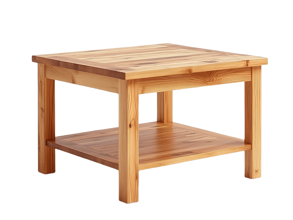 Tavolino in legno massello quadrato a due ripiani naturale