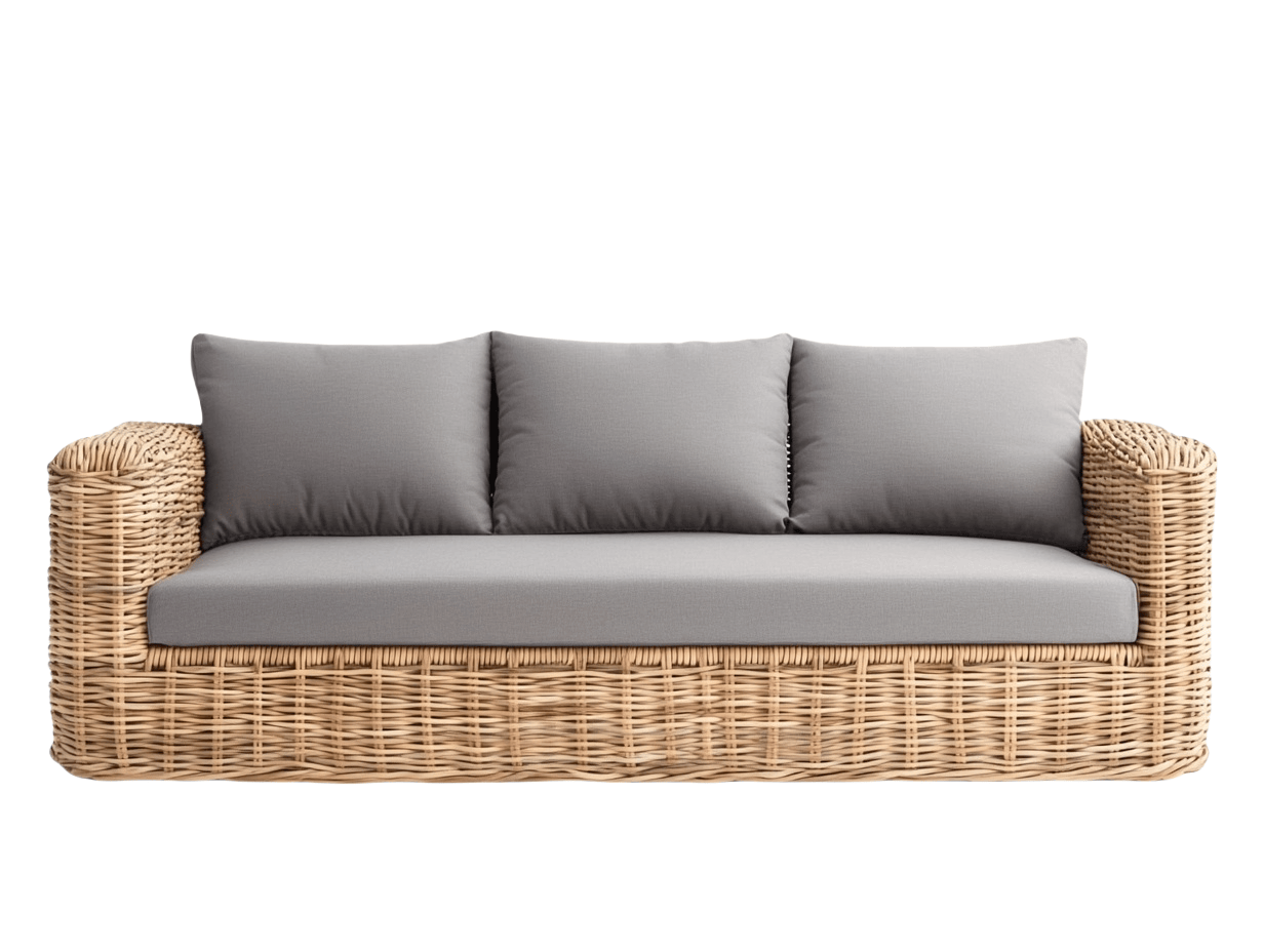 Divano da Esterno in Rattan con Cuscini Grigi in Poliestere, 3 Posti, 200x85x70 cm