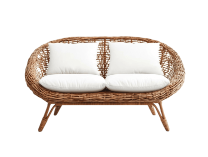 Divanetto a Due Posti in Rattan Sintetico con Cuscini Bianchi Lunghezza: 140 cm ,Larghezza: 80 cm,Altezza: 85 cm