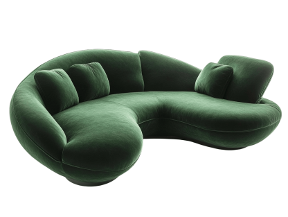 Divano curvo verde in tessuto vellutato con cuscini, 250x140x85 cm