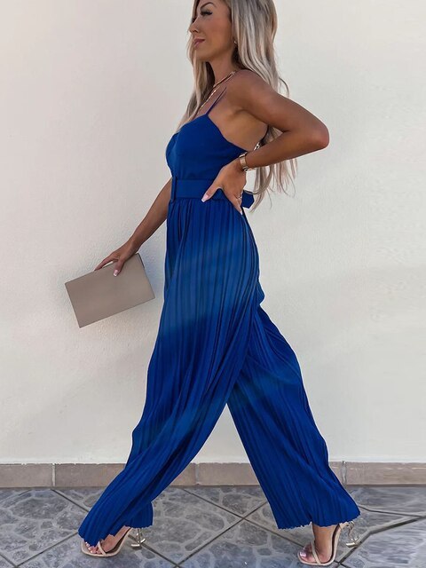 Summer Solid Jumpsuits For Women Spaghetti Straps Rompers  Fashion Casual Playsuits Wide Leg Pants Elegant Jumpsuit With Belt