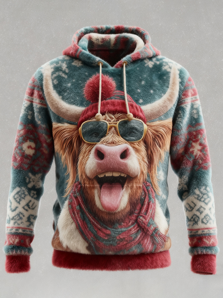 Men's Funny Christmas Highland Cow Print Flannel Hoodie