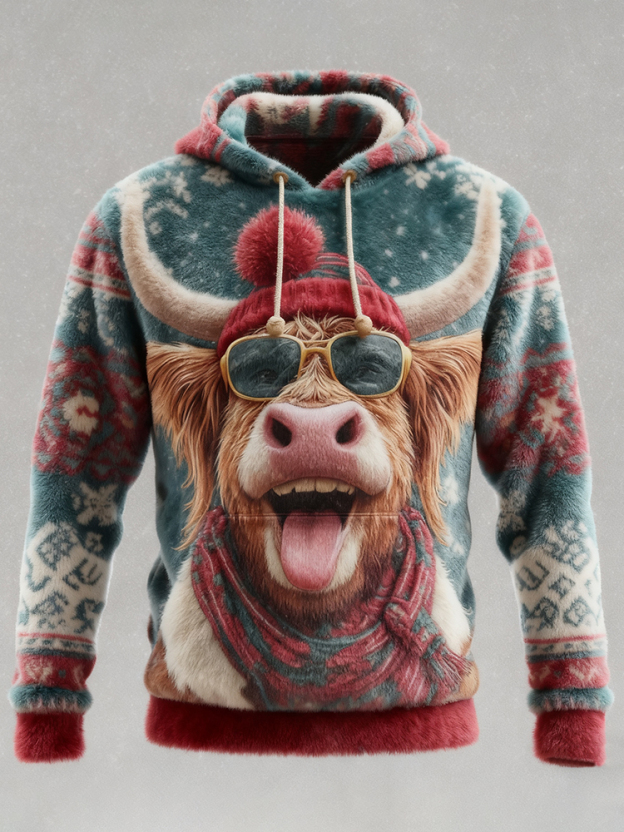 Men's Funny Christmas Highland Cow Print Flannel Hoodie