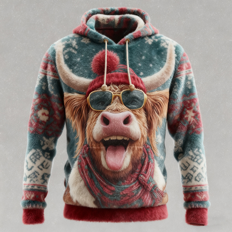 Men's Funny Christmas Highland Cow Print Flannel Hoodie