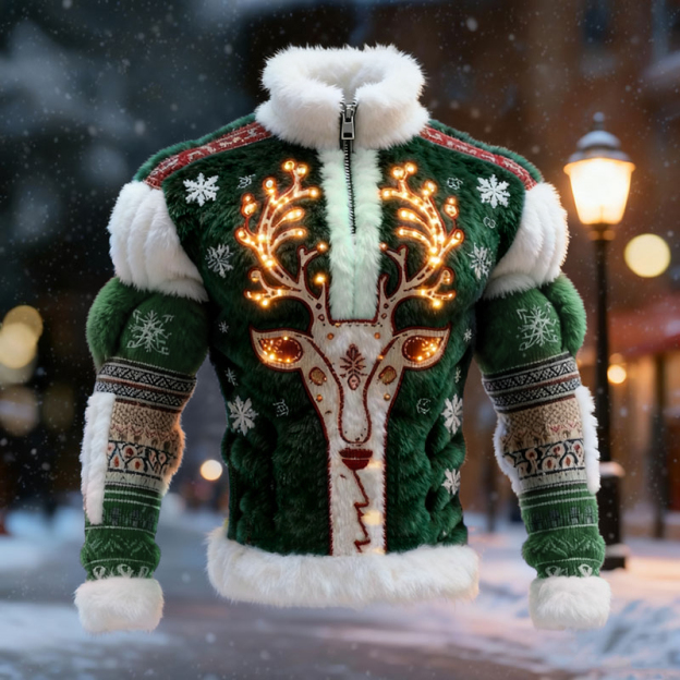Men's Christmas Reindeer Color Block Zipper Sweatshirt
