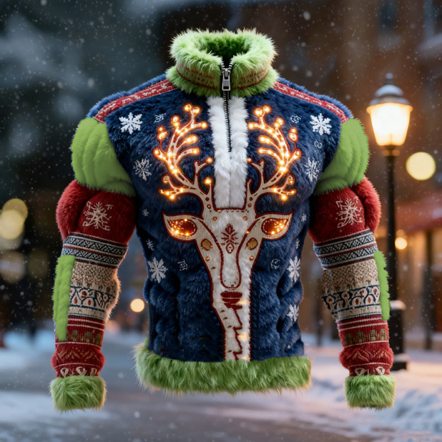 Men's Christmas Reindeer Color Block Zipper Sweatshirt