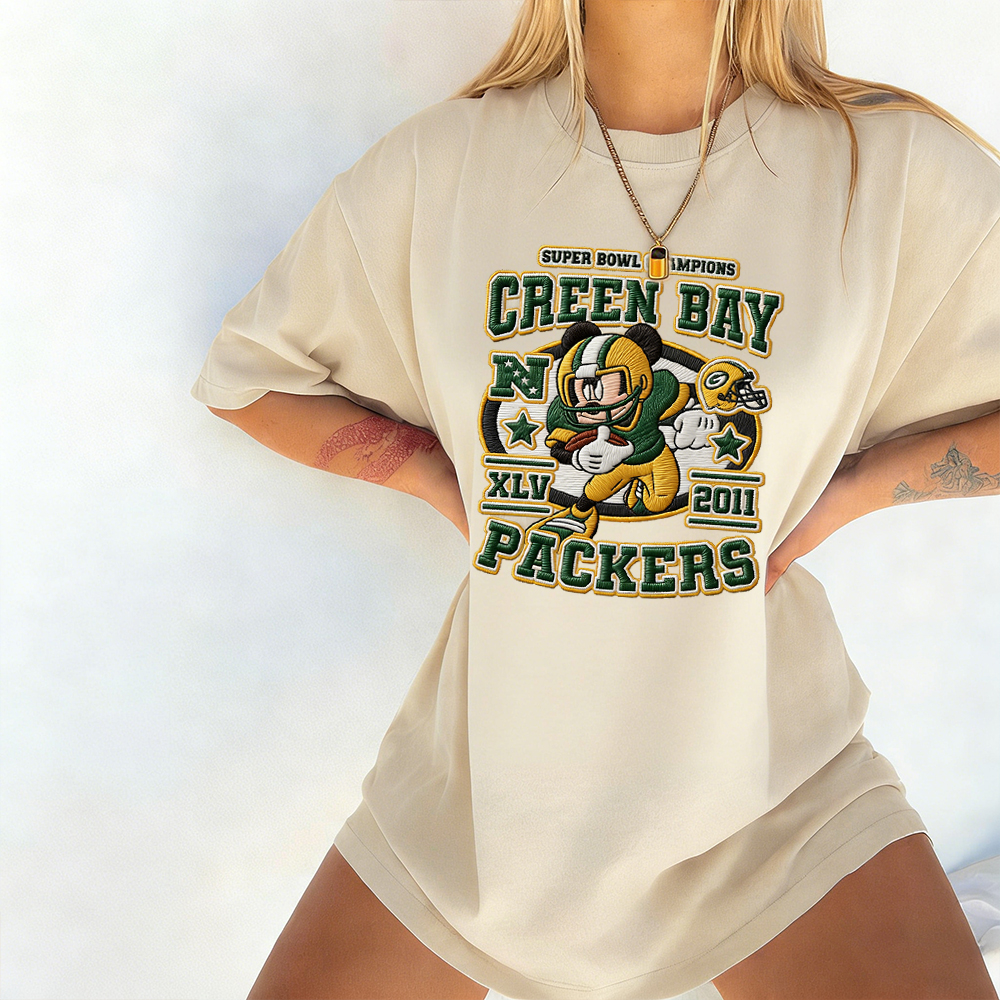 Vintage Round-Neck Green Bay Packers Football Embroidered Short-Sleeved T-Shirt