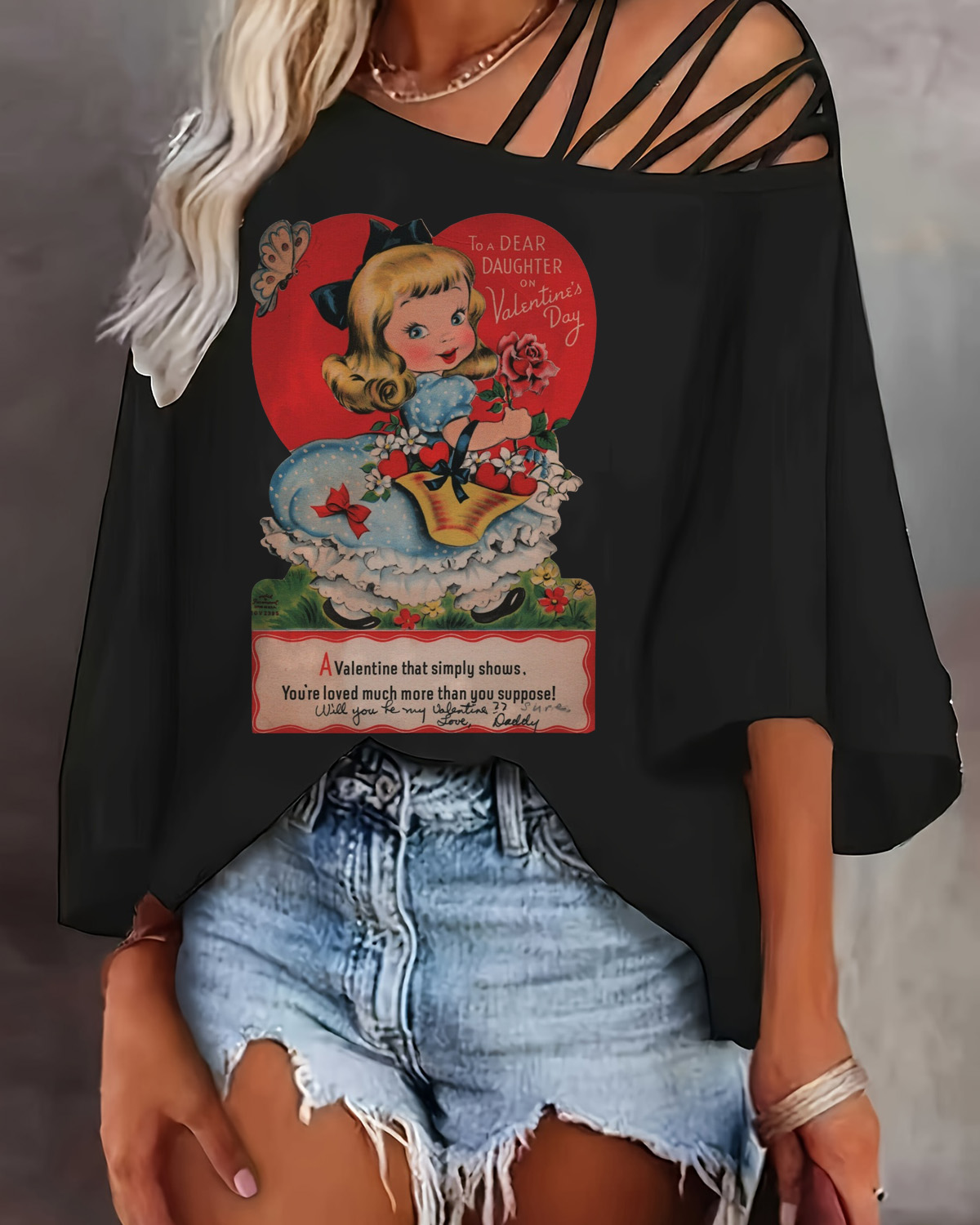 Retro Valentine's Day Graphic Print Off Shoulder Top