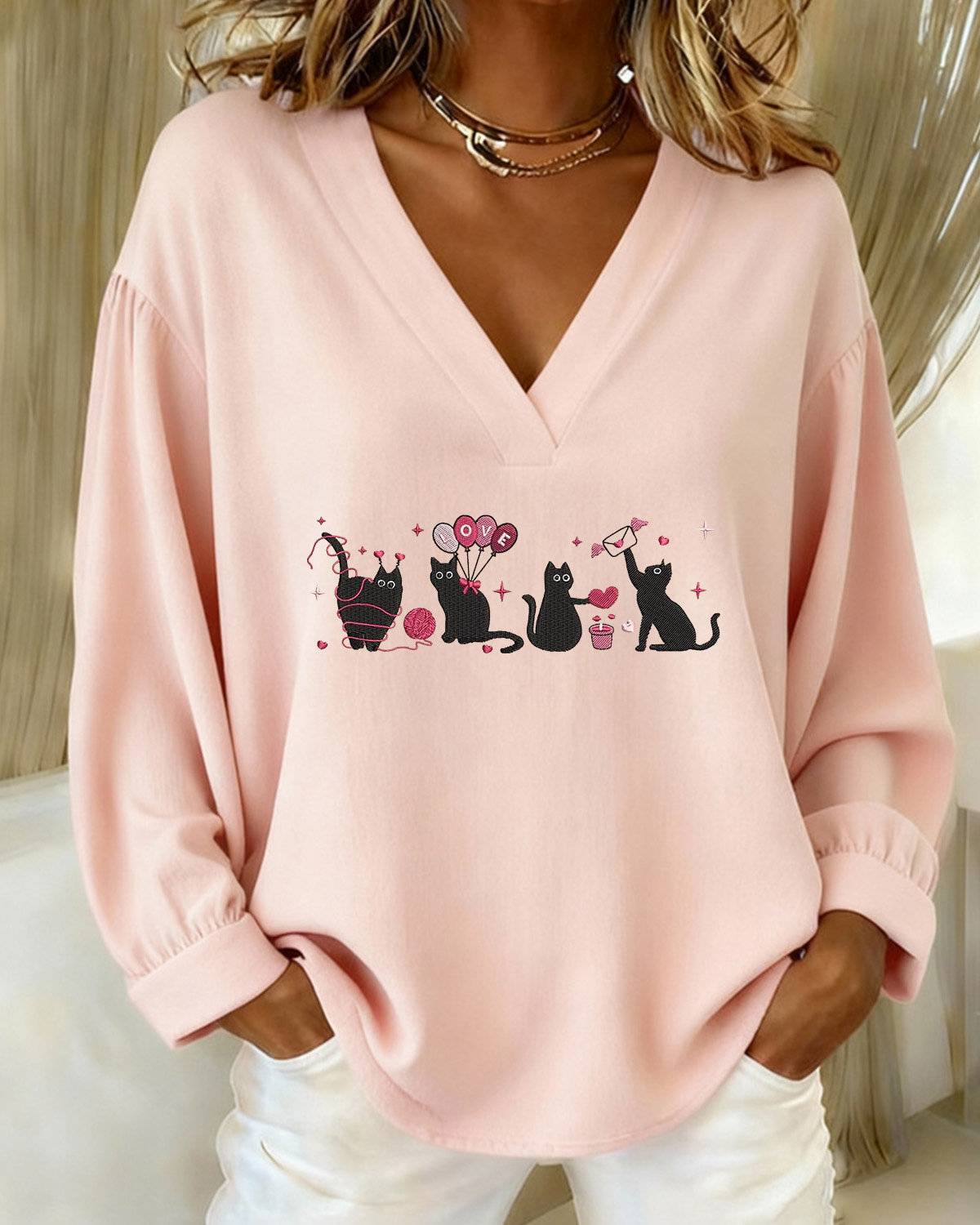 Valentine's Day Black Cat Graphic Print V-Neck Top