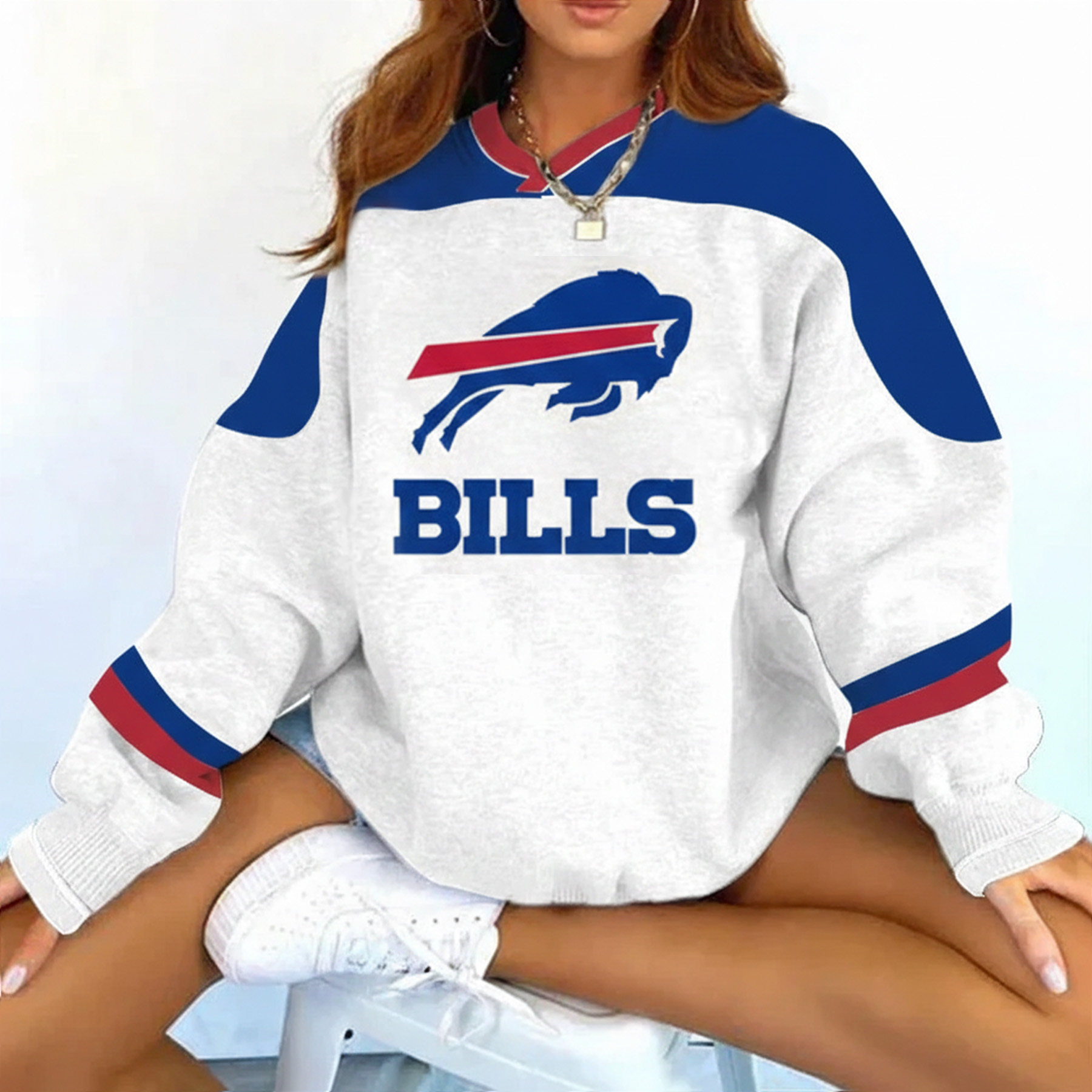 Buffalo Bills Football Print Color Block V-Neck Long-Sleeved Sweatshirt