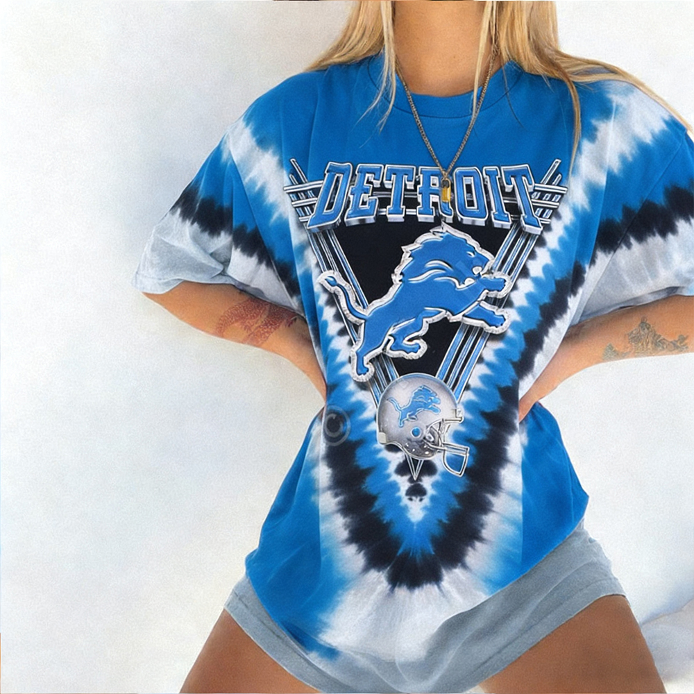 Vintage Round-Neck Detroit Lions Football Tie-Dye Print Short-Sleeved T-Shirt